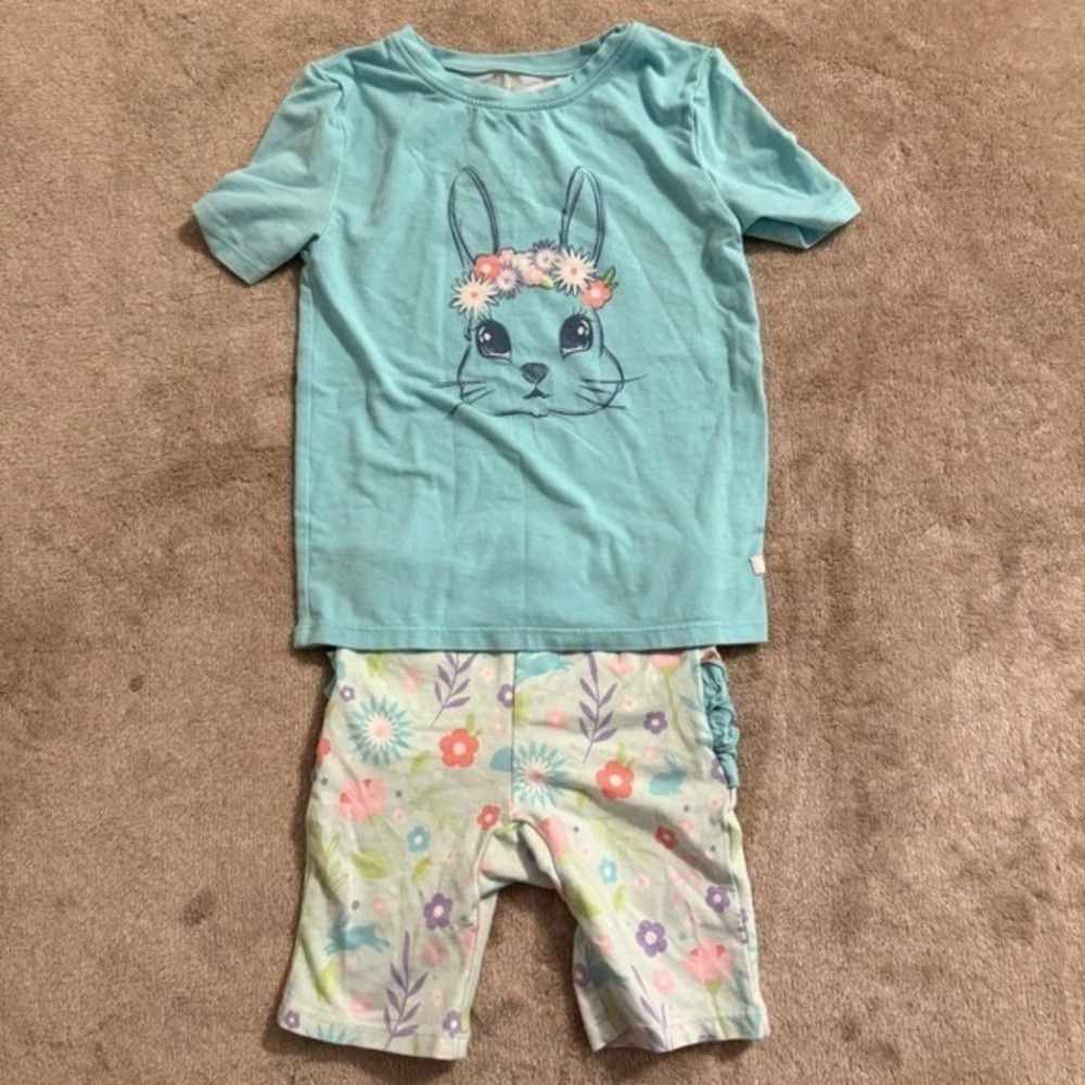 RuffleButts Girls Blue Bunny Floral Ruffle Pajama Set 4T Easter Sleepwear